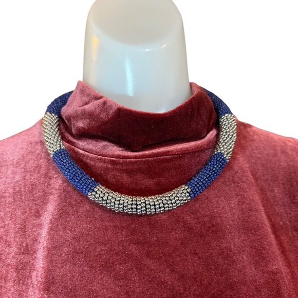 Jewelry - Blue & Silver Seed Bead Rope Collar Necklace Chunky Statement Character Fashion